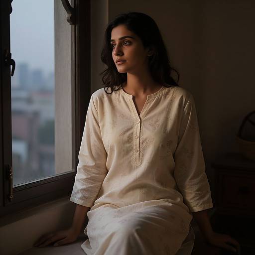 Photograph of a pensive South Asian woman with dark curly hair, wearing a cream-colored traditional kurta, sitting by a window in dim light,
