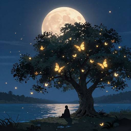 Silhouetted figure sits under moonlit tree with glowing butterflies, reflecting on calm lake; dark blue night sky, full moon overhead.