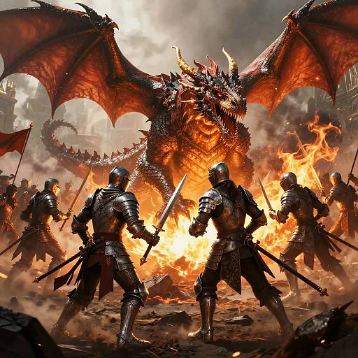 Digital fantasy artwork: armored warriors with swords fighting a massive, fiery red dragon with wings spread, amidst intense flames and smoke.