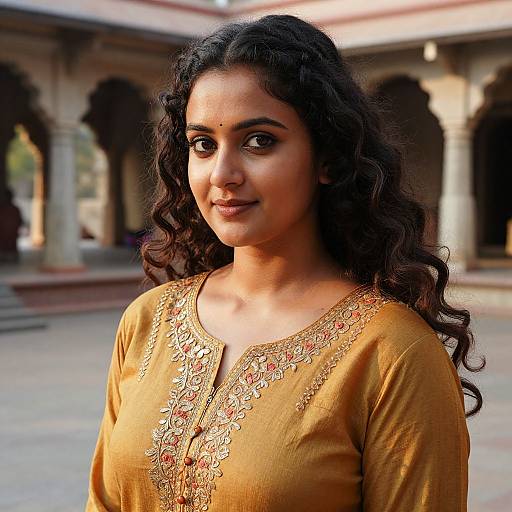 Photograph of a beautiful Indian woman with long, curly black hair, wearing an ornate mustard-yellow kurta, standing in a sunlit, ar