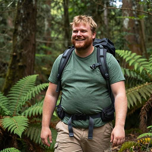 Photograph of a smiling, bearded, blond man with a medium build, wearing a green shirt, beige pants, and black backpack, hiking in