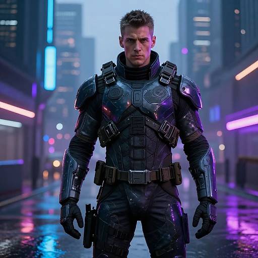 CGI image of a muscular, blond man in futuristic, black armored suit with glowing purple accents, standing in a neon-lit, rainy city street
