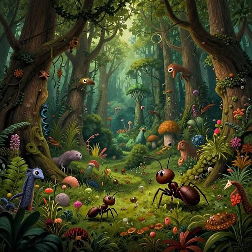 Whimsical digital art of a vibrant, enchanted forest teeming with colorful, fantastical insects, mushrooms, and flowers amidst towering trees.