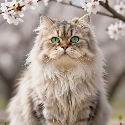 Photograph of a fluffy, long-haired tabby cat with striking green eyes, looking directly at the camera amidst blooming cherry blossoms.
