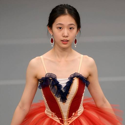 Photograph of an Asian woman with black hair in a red and gold corset with navy blue ruffles, red tulle skirt, and red earrings