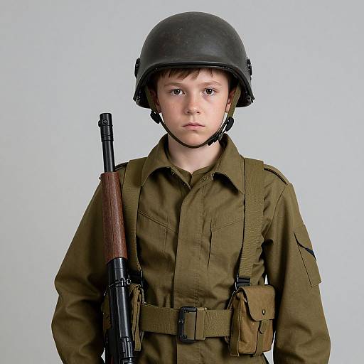 Photograph of a young boy in World War II-era military uniform, olive green, black helmet, holding a rifle, white background.