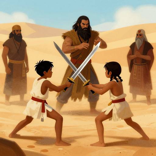 Digital art of two young boys in white loincloths dueling with swords in a desert, surrounded by muscular, bearded men in ancient attire