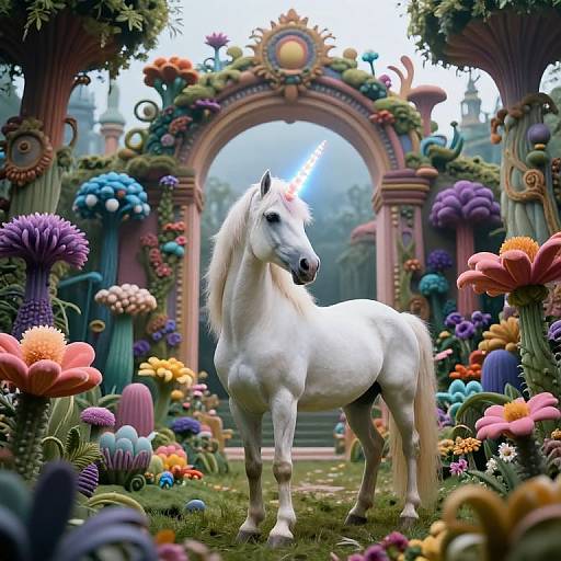 Digital art of a white unicorn standing in a vibrant, surreal garden with colorful, oversized flowers and a decorative archway in the background. Bright, whims