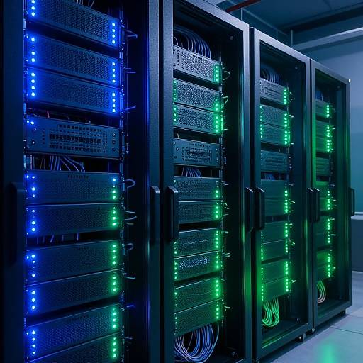 Photograph of black server racks with blue and green LED lights, labeled, and filled with stacked network equipment, cables, and power supplies in a brightly