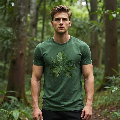 Photograph of a muscular, handsome man with short, styled brown hair, wearing a green T-shirt with a leaf design, standing in a lush forest