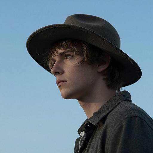 Photograph of a young Caucasian man with light brown hair, wearing a dark brown fedora and gray shirt, against a clear blue sky, gazing