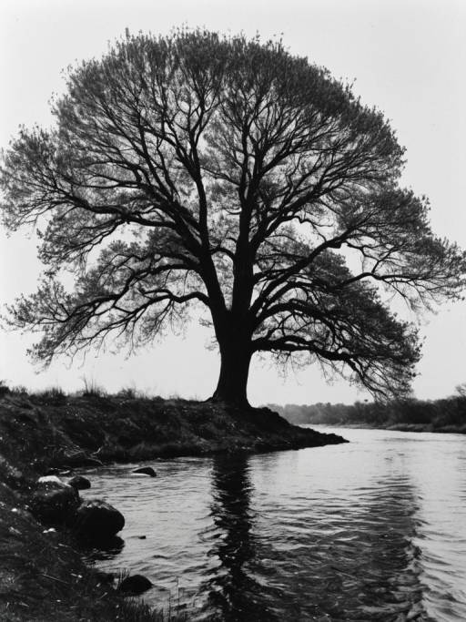 Silhouette of Large Tree by River