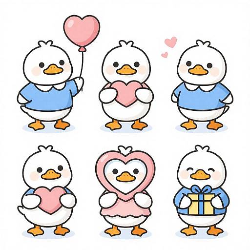 Six Adorable Ducks with Heart Accessories