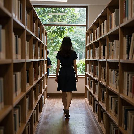 Photograph of a woman in a black dress walking down a wooden library aisle, silhouetted against a bright window with green foliage outside.