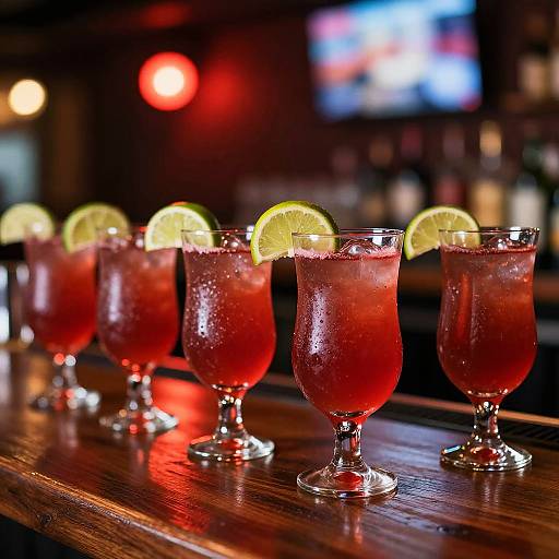 Photograph of five red, frosty margaritas with lime slices, lined up on a wooden bar, under dim, colorful lighting.