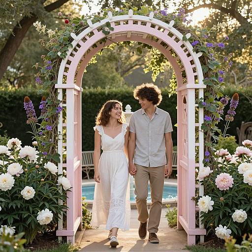 Photograph of a smiling couple walking through a pink flower arch garden archway, surrounded by white and purple flowers, with sunlight filtering through trees in the