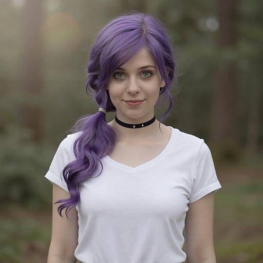 Photograph of a young woman with purple hair in a side braid, wearing a white t-shirt and black choker, standing in a forest.