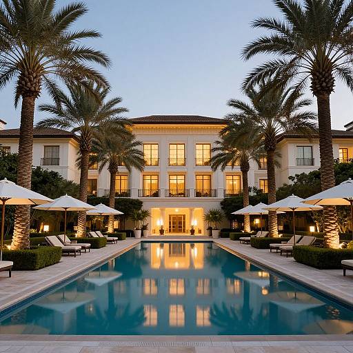 Photograph of a luxurious resort at twilight, featuring a reflecting pool, illuminated palm trees, white umbrellas, and a warmly-lit, two-story