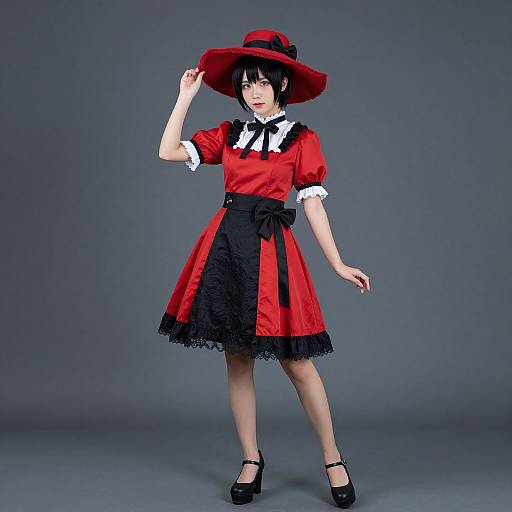 Photograph of a young woman in a red and black gothic-style dress, white cuffs, black bow, red hat, black shoes, gray background