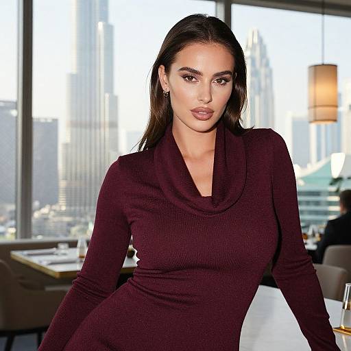 Photograph of a beautiful woman with long dark hair, wearing a maroon cowl-neck dress, sitting in a modern, sunlit office with city
