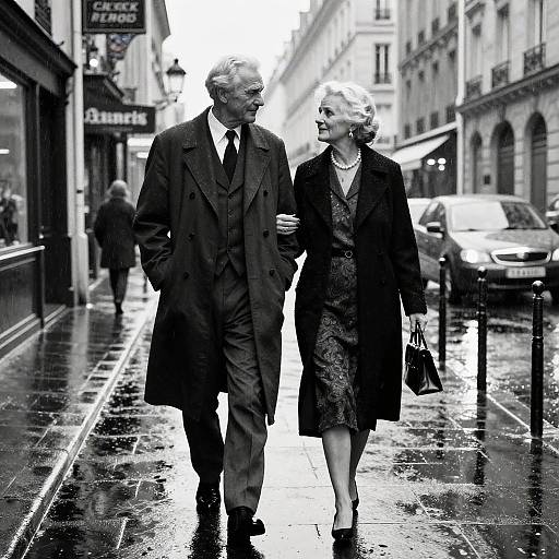 Stylish Elderly Couple in Rainy Paris