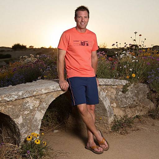 Photograph of a smiling man in an orange t-shirt, navy shorts, and sandals, leaning on a stone arched path at sunset, surrounded by