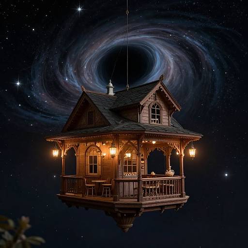 Photograph of a whimsical, wooden, Victorian-style birdhouse with glowing lanterns, suspended in mid-air against a starry night sky, with