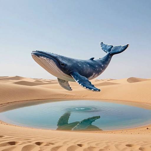 Photorealistic image of a large, blue-gray whale leaping out of a shallow, circular desert oasis, with its reflection in the water, against