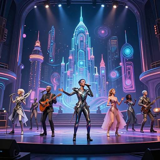 Photograph of a vibrant, futuristic stage show featuring a diverse band in neon, sci-fi themed costumes, performing under a glowing cityscape backdrop.