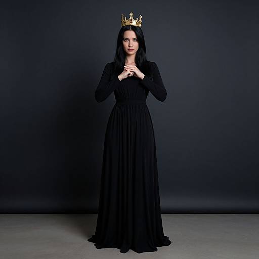 Photograph of a pale-skinned woman with black hair, wearing a black, long-sleeve gown and a golden crown, standing against a dark