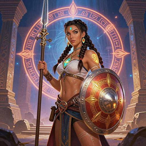 Digital art of a fierce, dark-haired warrior woman with braids, holding a spear and shield, wearing a white top and blue skirt, adorned with