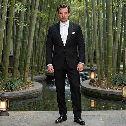Photograph of a handsome man in a black tuxedo with white shirt and bowtie, standing in a bamboo garden with a pond and lanterns