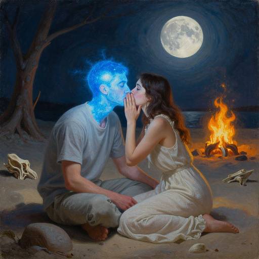Digital painting: Moonlit night, woman in white dress kisses blue-glowing, soulless man's forehead by fire, skulls on sandy beach.