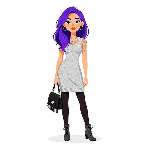 Digital illustration of a stylish woman with long purple hair, wearing a white dress, black tights, black boots, and holding a fringe bag, standing