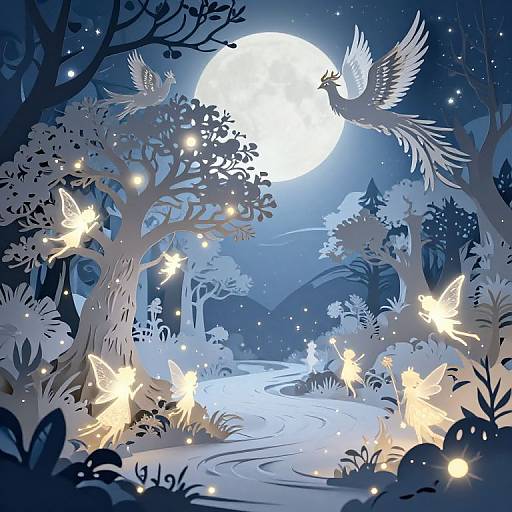 Nighttime forest scene in digital illustration: glowing butterflies, a flying bird, silhouetted trees, and a bright full moon illuminating the path