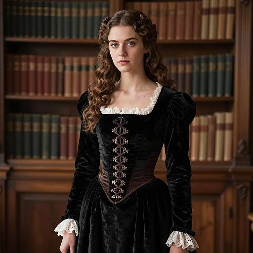 Young Woman in Elizabethan Black Velvet Dress