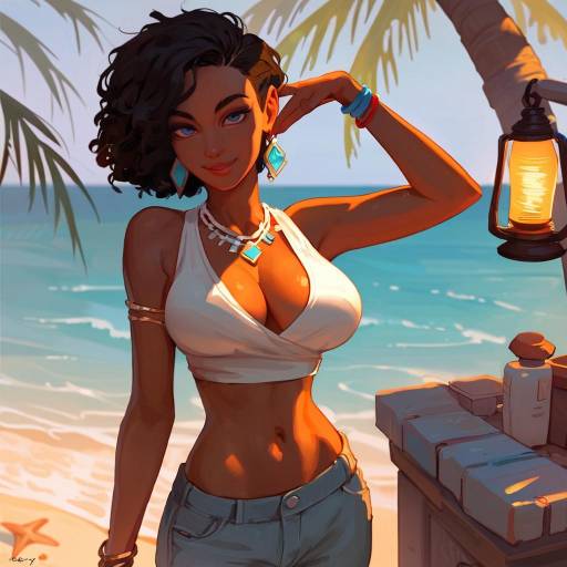 Young woman on tropical beach at sunset