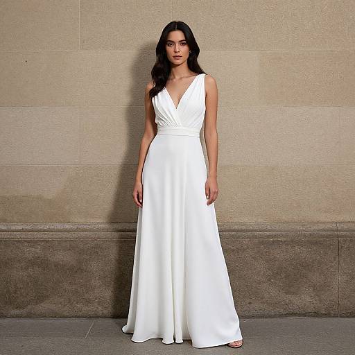 Photograph of a woman with long black hair wearing a sleeveless, V-neck white gown, standing against a beige stone wall.