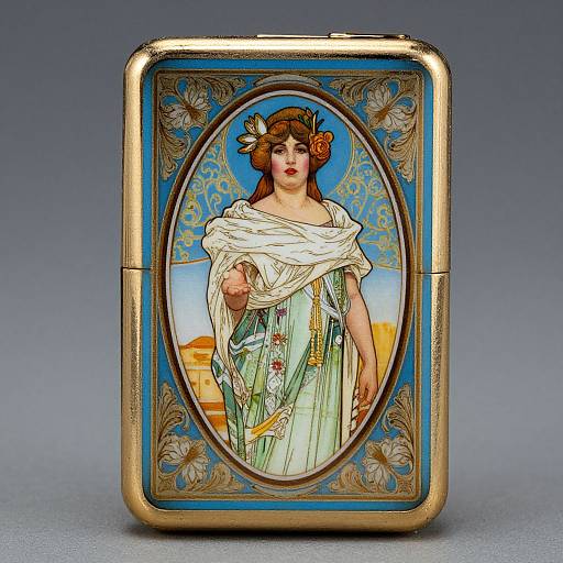 Vintage-style brooch featuring a detailed, oval, classical painting of a red-haired woman in a green and white gown, set in a blue and gold