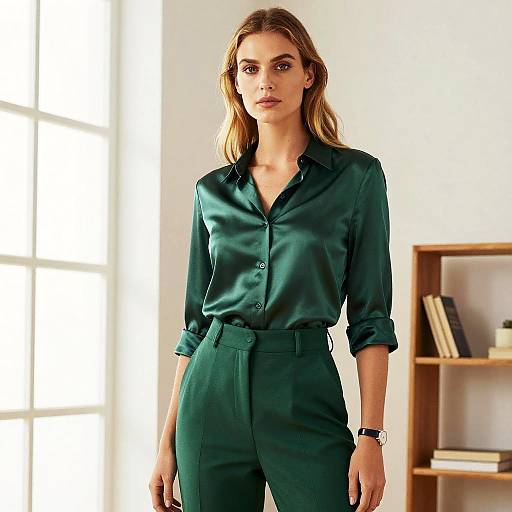 Photograph of a confident woman with light brown hair, wearing a green satin blouse and high-waisted pants, standing in a sunlit room with