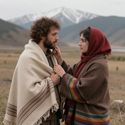 Couple Embracing in Snowy Mountain Field