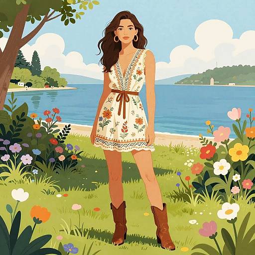 Boho Chic Woman in Waterfront Garden