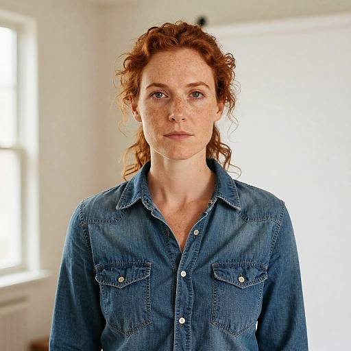 Photograph of a fair-skinned woman with red curly hair, wearing a blue denim shirt, standing in a brightly lit room.
