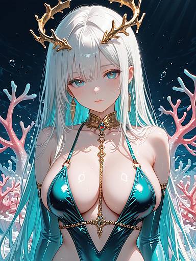 Fantasy Girl in Elegant Monokini with Golden Antlers