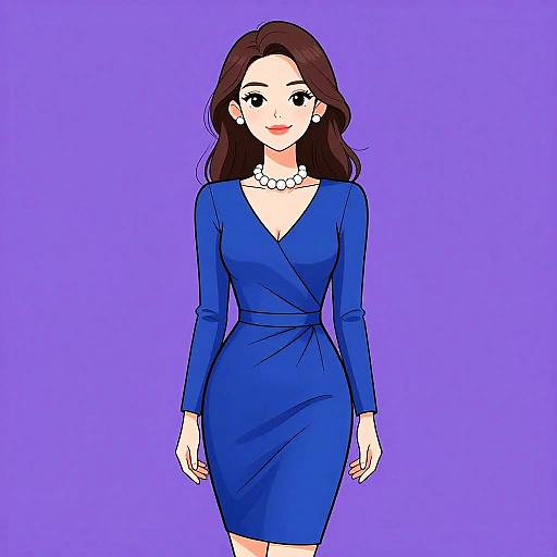 Digital anime-style drawing of a smiling woman with long brown hair, wearing a blue V-neck dress, white pearl necklace, and purple background.
