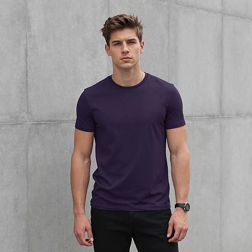 Young Man in Dark Purple T-Shirt Against Concrete Wall