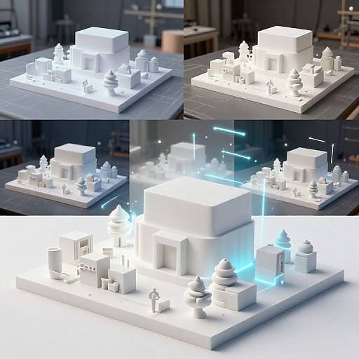 Photograph of four white, illuminated LEGO-like 3D models with small buildings and trees, each lit with glowing blue accents. Background is a dim
