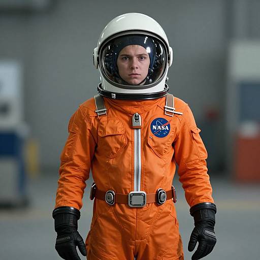 Photograph of a serious-looking male astronaut in an orange NASA jumpsuit, white helmet with clear visor, and black gloves, standing indoors.