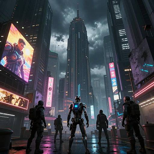 Cyberpunk cityscape at night, four armored figures standing in a wet, neon-lit street, towering skyscrapers with colorful billboards under