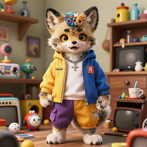 CGI furry character with fox-like features, wearing a yellow and blue jacket, white shirt, purple pants, and a flower crown, standing in a